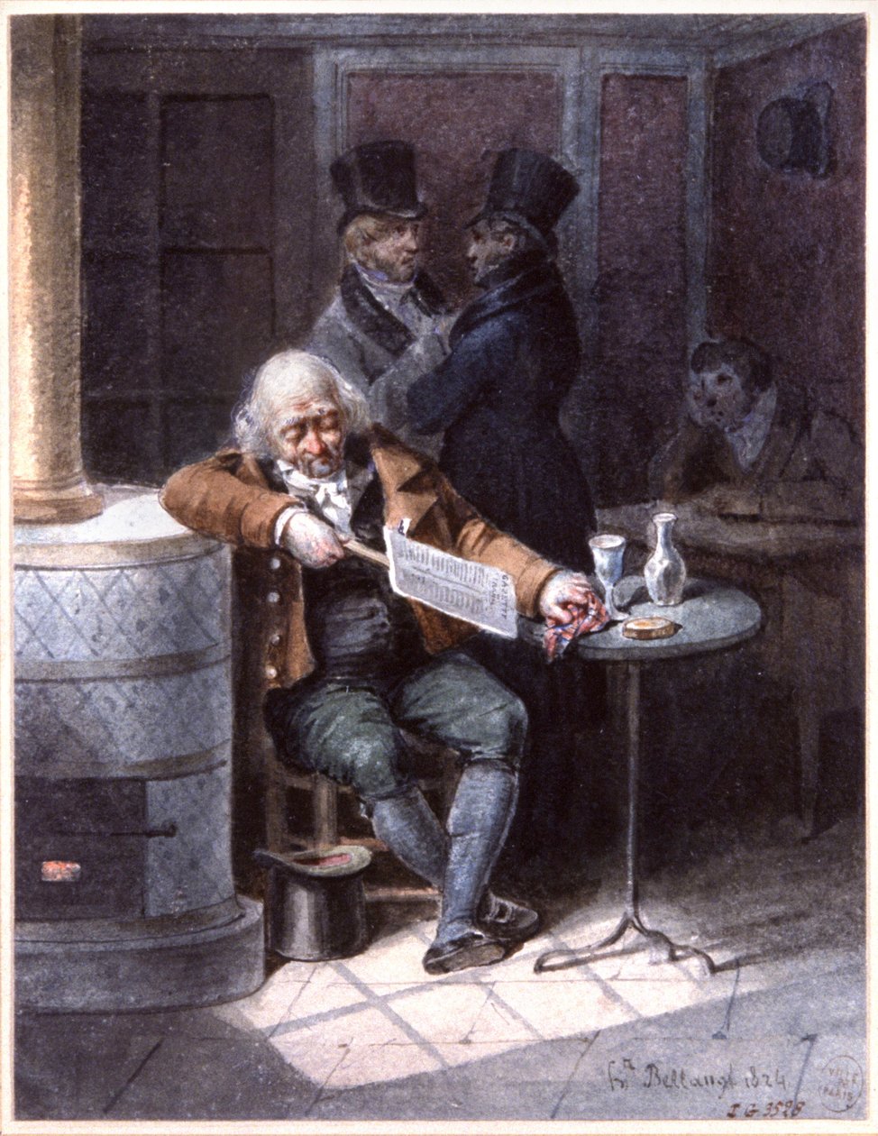 Stary człowiek czyta gazetę w kawiarni, Paryż autorstwa Joseph Louis Hippolyte Bellange