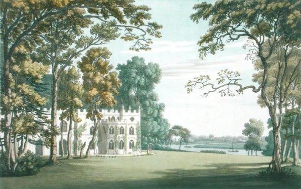Dom, ogrody i jezioro na Truskawkowym Wzgórzu, rycina J.C. Stadlera (fl.1780-1812), wydanie 1793 (kolorowa rycina) autorstwa Joseph (after) Farington