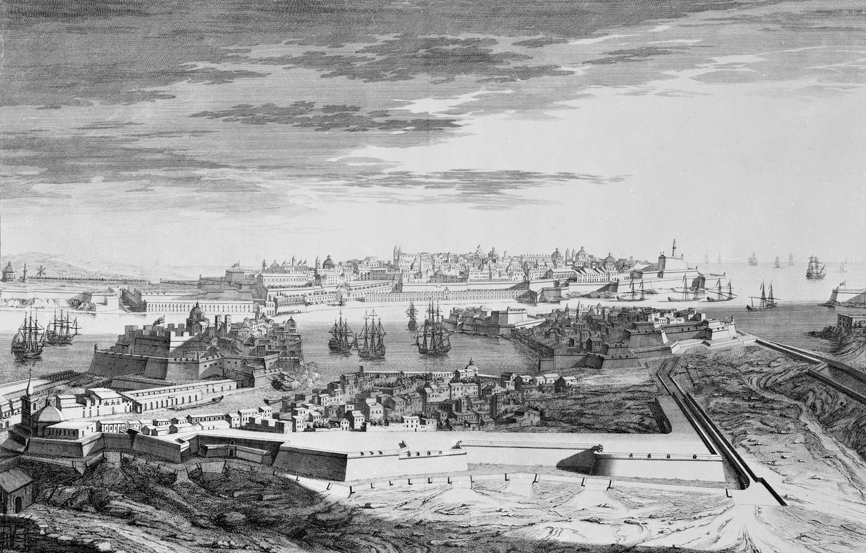 Widok miasta Malta od strony Cotonere, ok. 1750 (rycina) autorstwa Joseph (after) Goupy