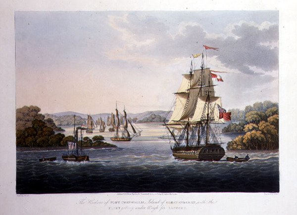 Port w Port Cornwallis. Wyspa Wielkiego Andamana, z flotą podważoną dla Rangun, grawerowaną przez G. Hunta, wyd. przez Kingsbury & Co., Londyn autorstwa Joseph (after) Moore
