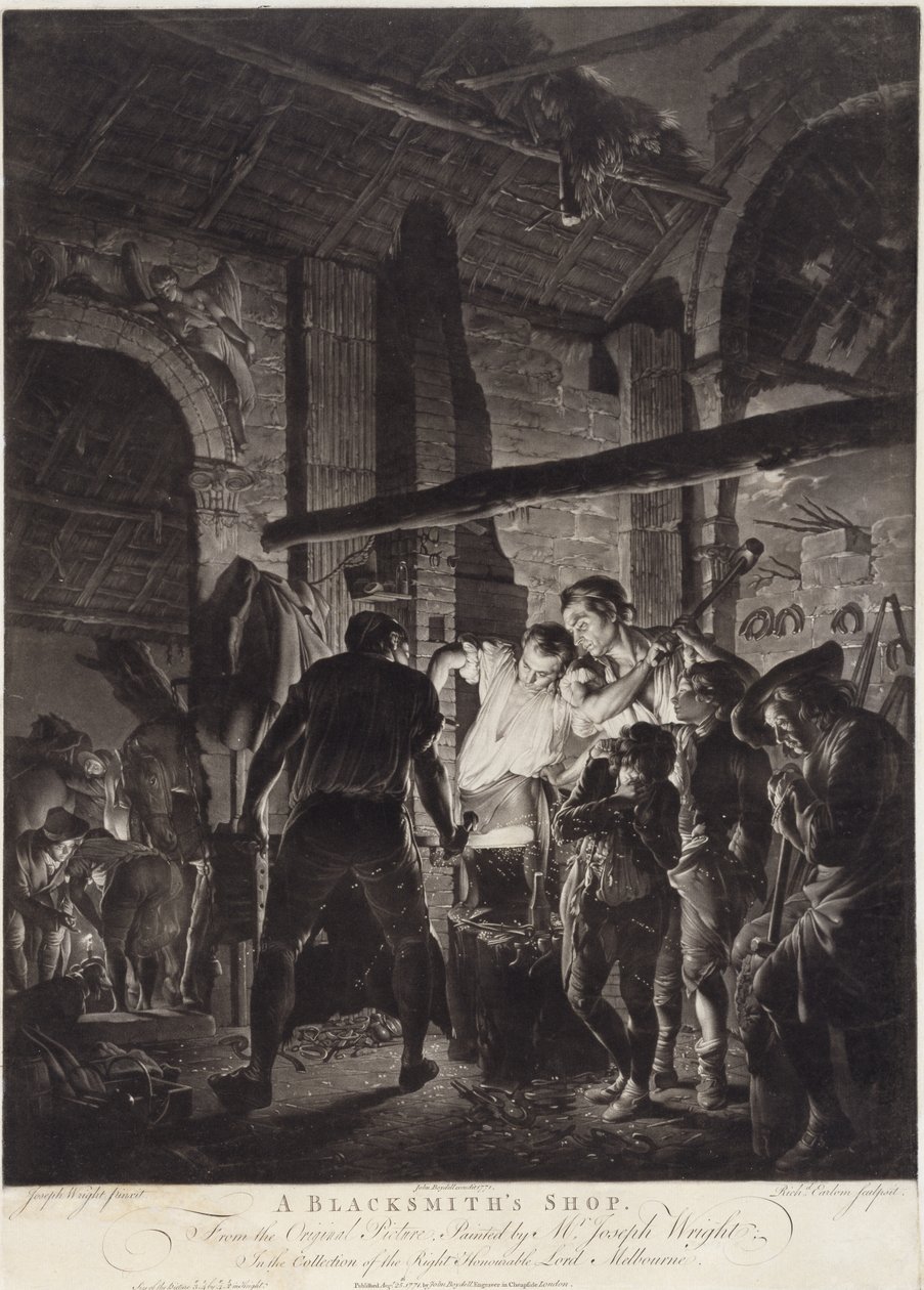 Sklep kowala, grawerowane przez Richarda Earloma (1743-97) autorstwa Joseph (after) Wright of Derby