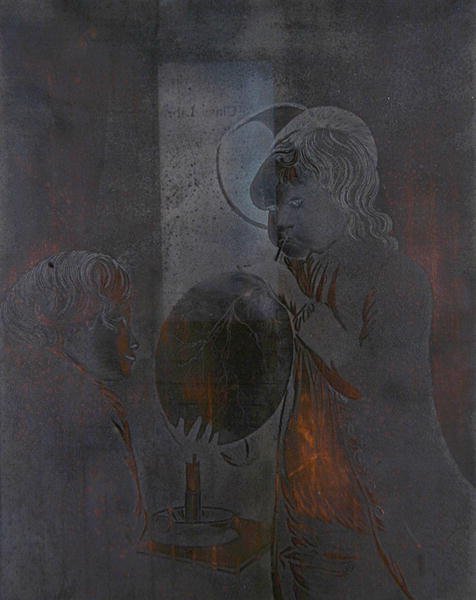 Talerz dla dwóch chłopców dmuchających pęcherz przy świecach, akwatinta przez Petera Pereza Burdetta (1735-93) (akwatinta) (patrz 272306) autorstwa Joseph (after) Wright of Derby