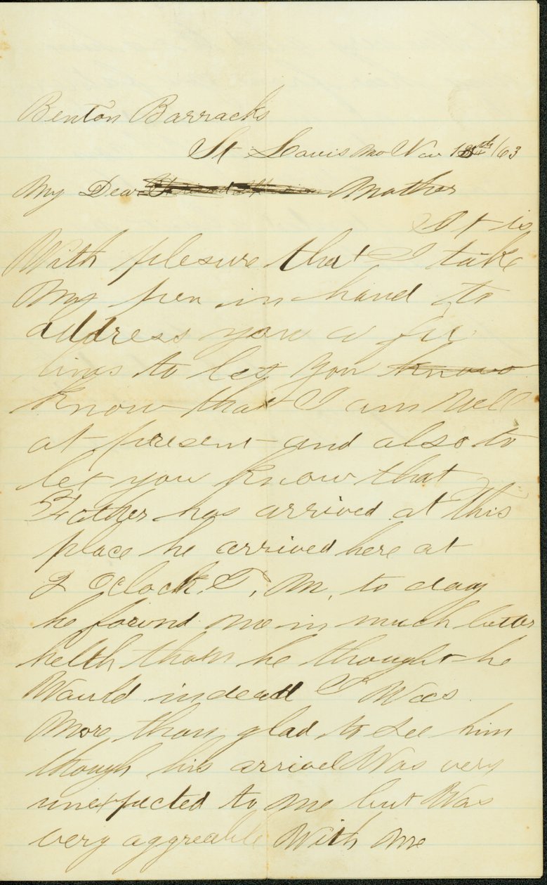 List podpisany Joseph A. Fardell, Benton Barracks, St. Louis, Mo. do Matki, 12 listopada 1863 autorstwa Joseph A. Fardell
