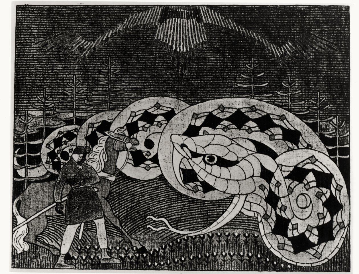 Seppo Llmarinen orka pole węży, ilustracja z „Kalevala” skompilowana i zredagowana Elias Lonnrot (1802-84) (rycina) (bw zdjęcie) autorstwa Joseph Alanen