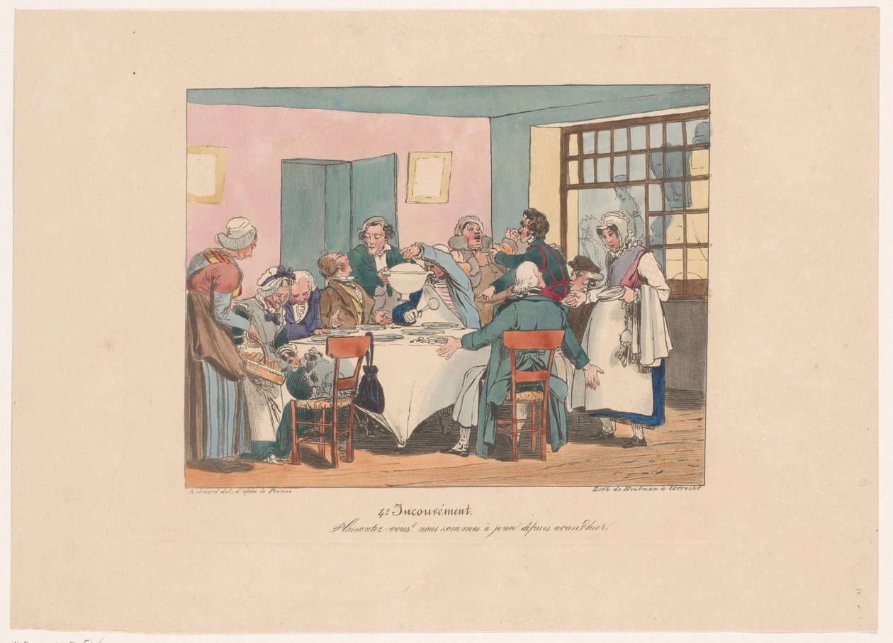 Gezelschap aan tafel aan het vasten Żartujesz? Pościmy od przedwczoraj (tytuł na obiekcie) Ongemakken (tytuł serii) Wada (tytuł serii na obiekcie) autorstwa Joseph Ambroise Jobard