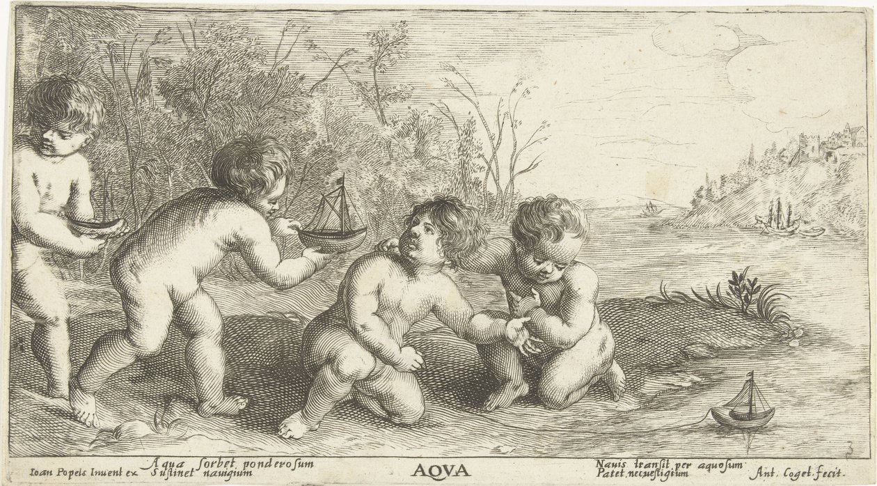 Dzieci bawiące się łódkami Aqva (tytuł na obiekcie) autorstwa Joseph Antoine Cochet