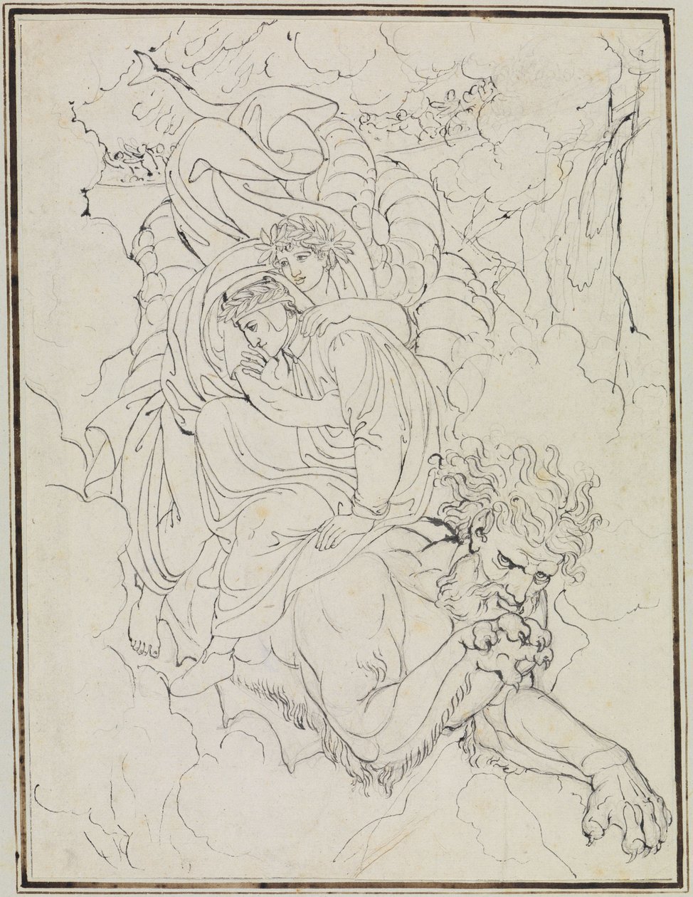 Dante i Wergiliusz na grzbiecie Geriona (Dante, „Piekło”, pieśń 17, wers 94) autorstwa Joseph Anton Koch