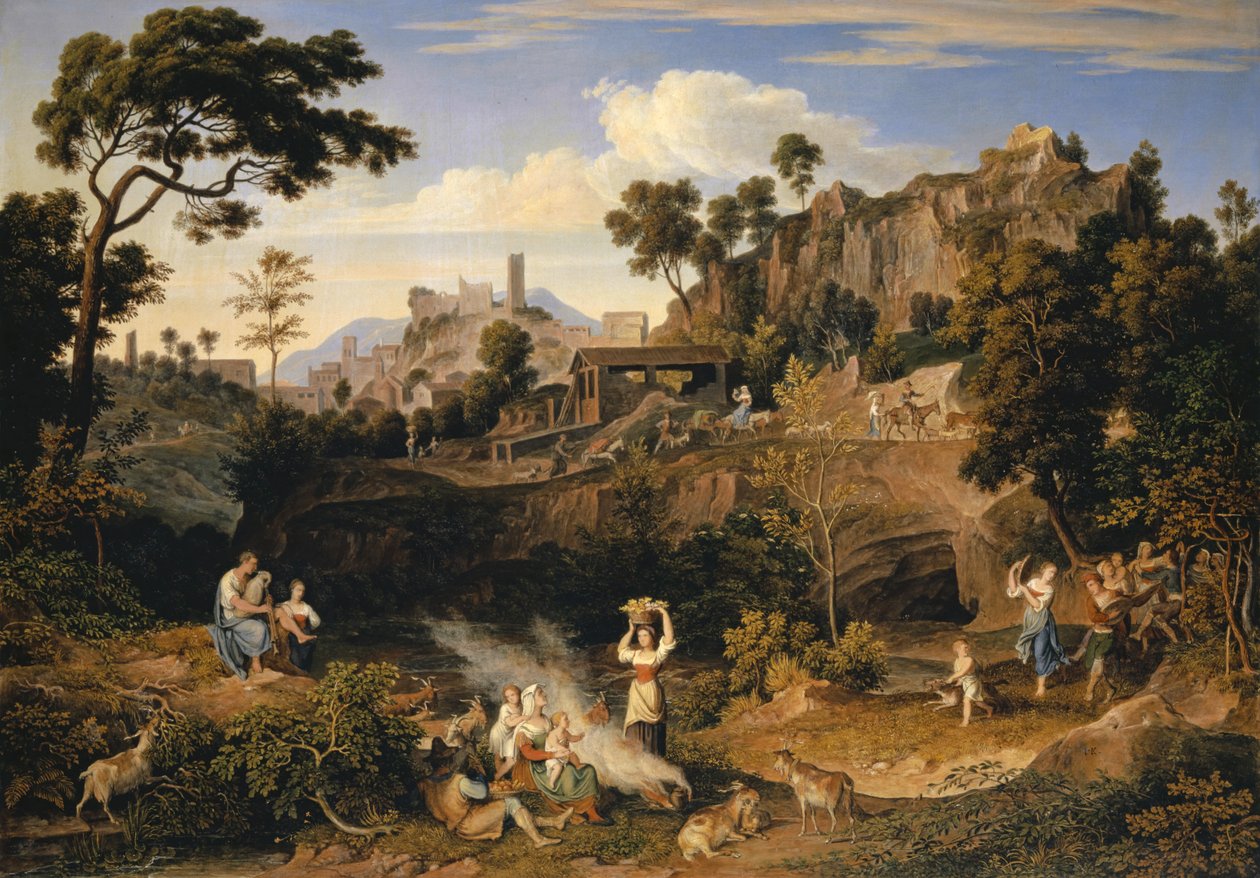 Krajobraz w pobliżu Olevano z Paradą Tańczących Chłopów, 1823-24 autorstwa Joseph Anton Koch
