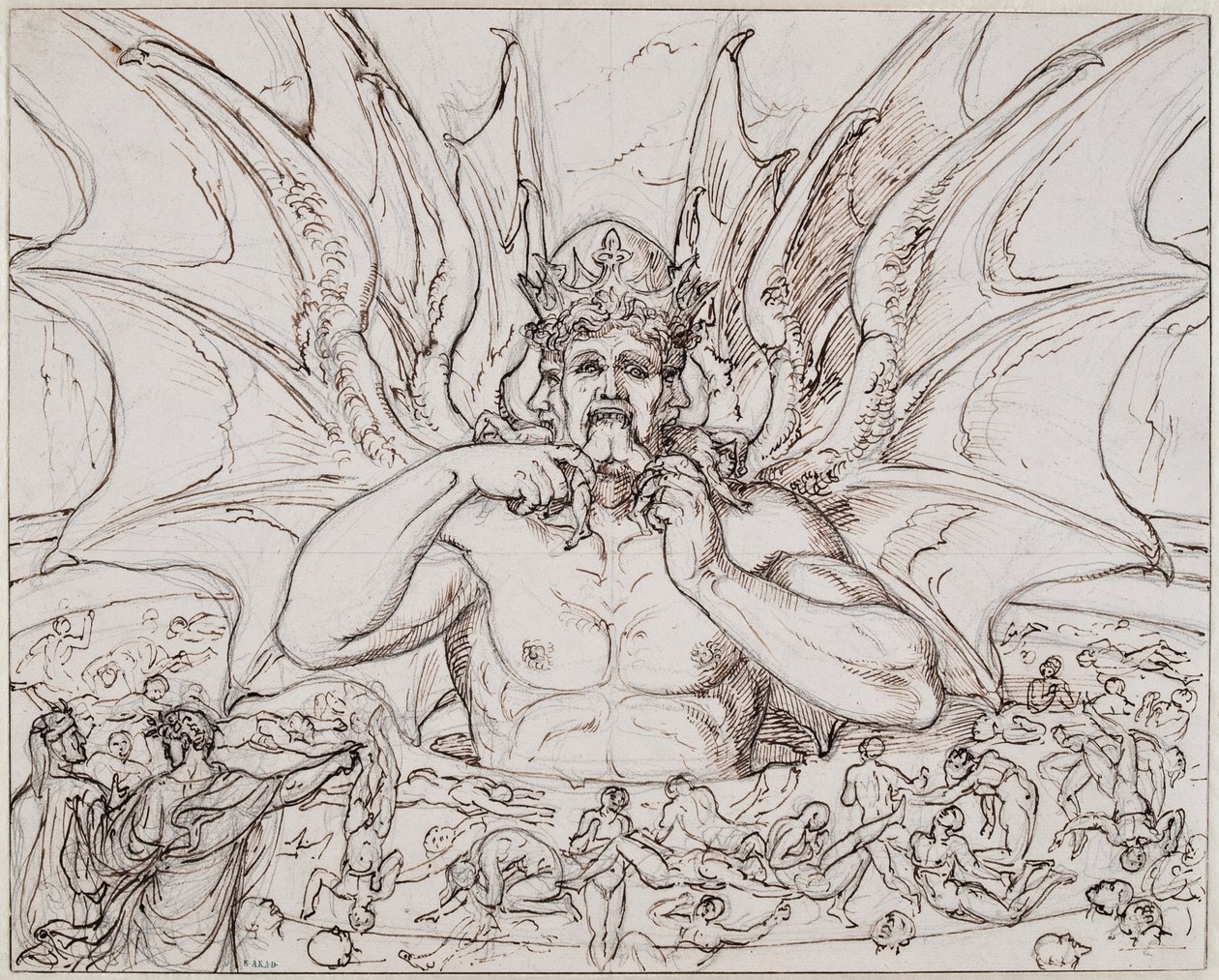 Lucyfer w centrum piekła. Ilustracja do Boskiej Komedii Dantego Alighieri, ok. 1803. autorstwa Joseph Anton Koch