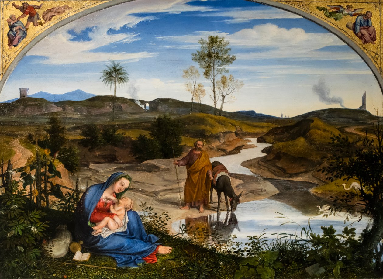 Repos pendant le fuite en Egypt, około 1820-1825 (olej na drewnie (orzech)) autorstwa Joseph Anton Koch