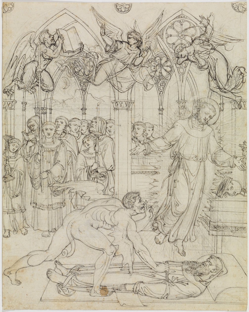 Spór św. Franciszka z szatanem o duszę mnicha Guido da Montefeltro (Dante, „Piekło”, pieśń 27, wers 112) autorstwa Joseph Anton Koch