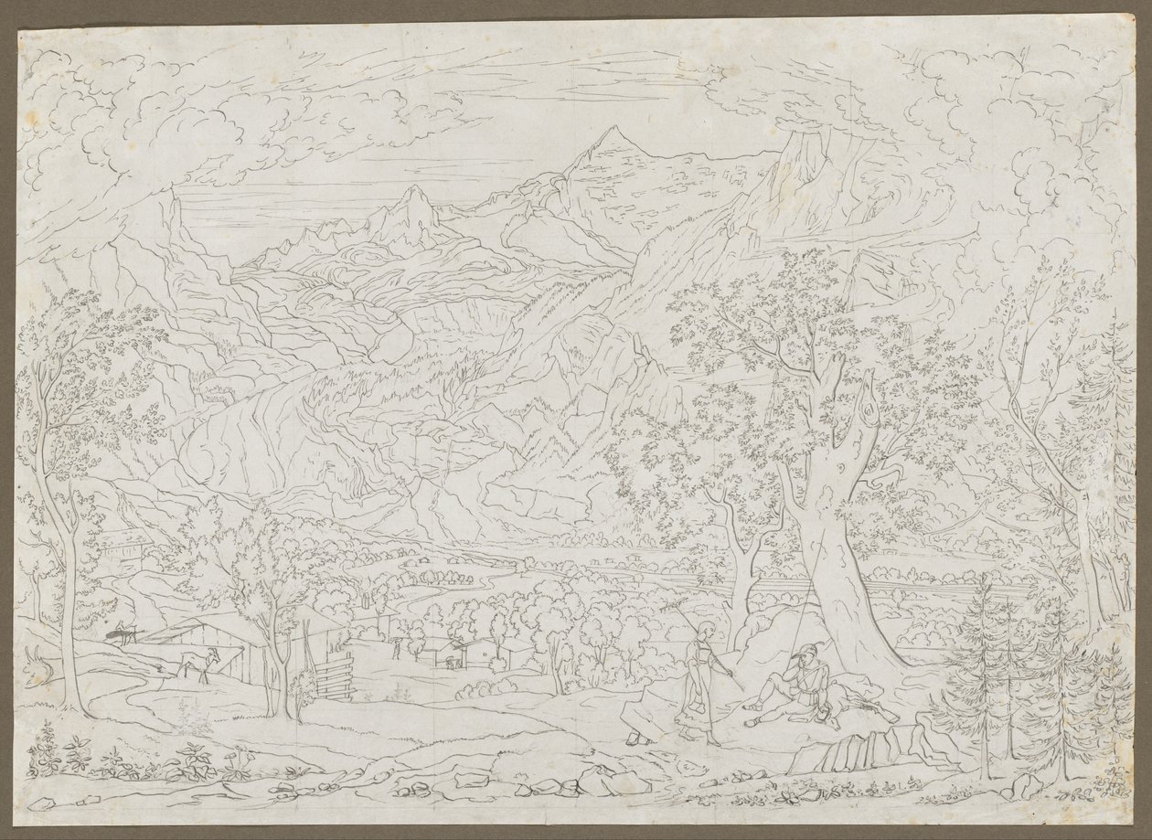 Lodowiec Grindelwald z myśliwą i wieśniaczką na pierwszym planie, ca. 1823. autorstwa Joseph Anton Koch
