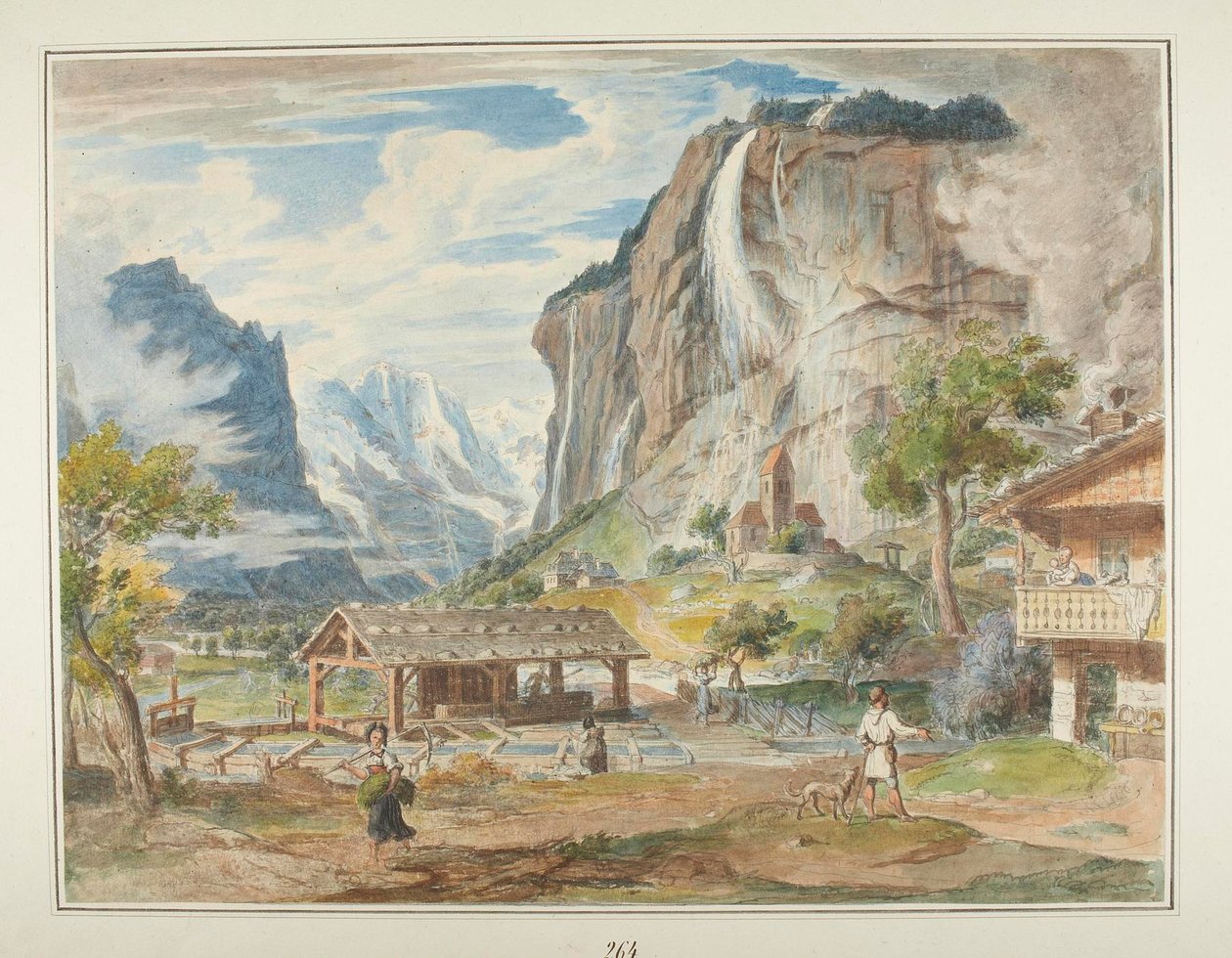 Wodospady Staubbach i góra Jungfrau w dolinie Lauterbrunnen w Szwajcarii autorstwa Joseph Anton Koch