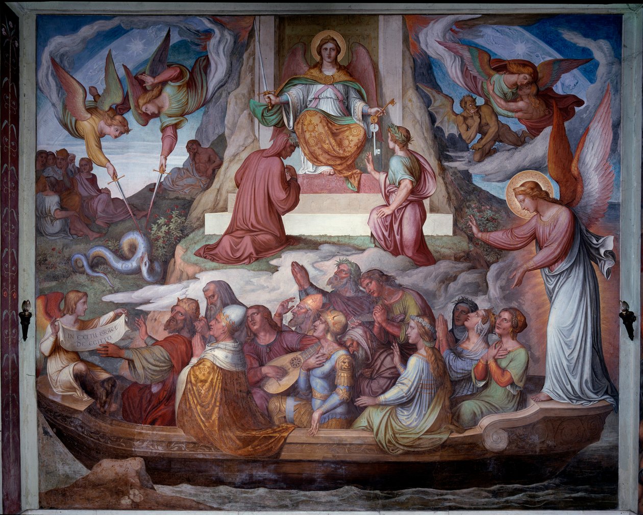 Łódka dusz i wejście Dantego i Wergiliusza na górze Czyśćca - Fresco autorstwa Joseph Anton Koch
