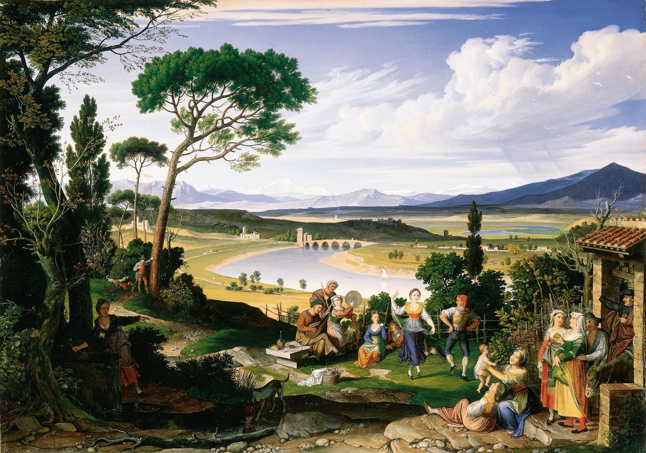 Krajobraz Tybru z wesołym wiejskim ludem, 1817 autorstwa Joseph Anton Koch