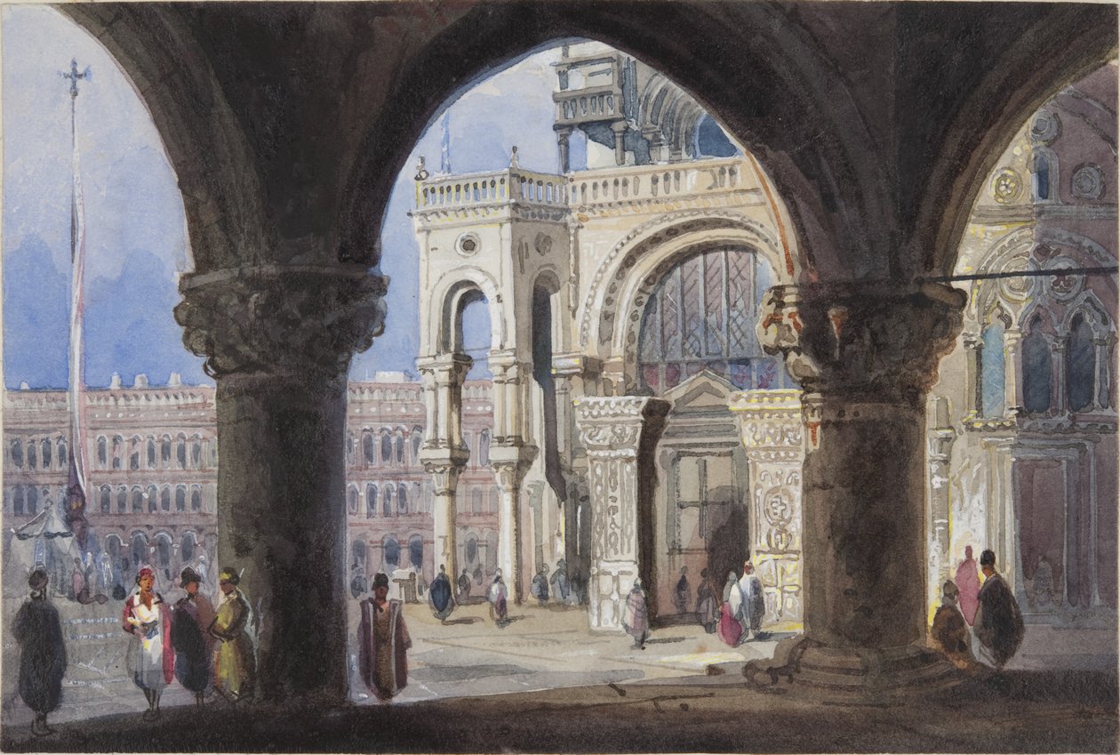 Kościół i Piazza San Marc w Wenecji, wklejony do Thomas Moodys Journal z wycieczki po Szwajcarii i Włoszech, 1822 (wc na papierze) autorstwa Joseph Axe Sleap