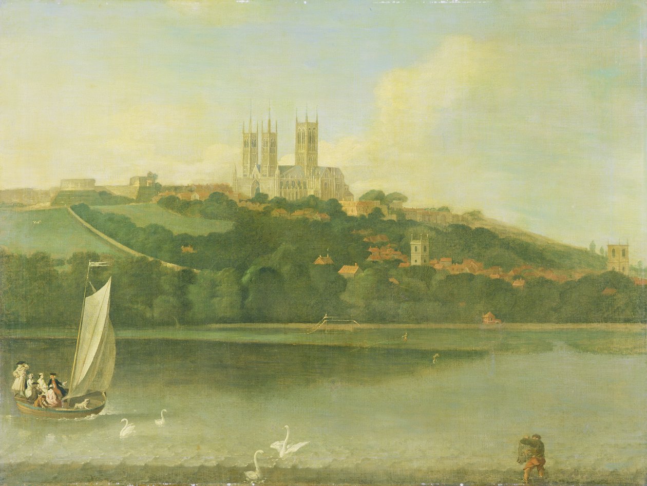 Widok na katedrę i miasto Lincoln z rzeki, ok. 1760 autorstwa Joseph Baker