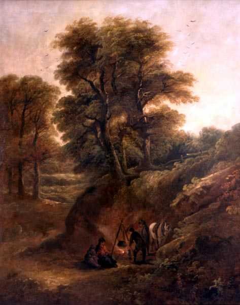 Zalesiony pejzaż z Cyganami wokół ognia (olej na płótnie) autorstwa Joseph Barker