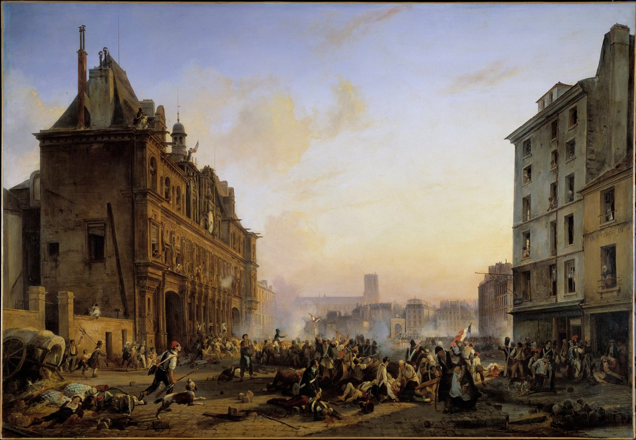 Les Trois Glorieuses (27, 28 i 29 lipca): „”Atak na paryski ratusz 28.07.1830”” Obraz Josepha Beaume (1796-1885) 1831 nd. 1,45x2,1 m² autorstwa Joseph Beaume