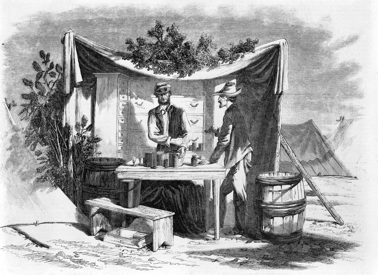 Sceny obozowe - apteka wojskowa - steward szpitala, ze szkicu naszego specjalnego artysty, Josepha Beckera, wyd. 1864 autorstwa Joseph Becker