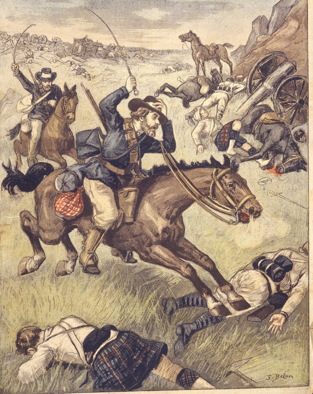 Komandos burski atakujący patrol brytyjski podczas wojen anglo-zuluskich i anglo-burskich 1850-1902, ilustracja autorstwa Joseph Belon