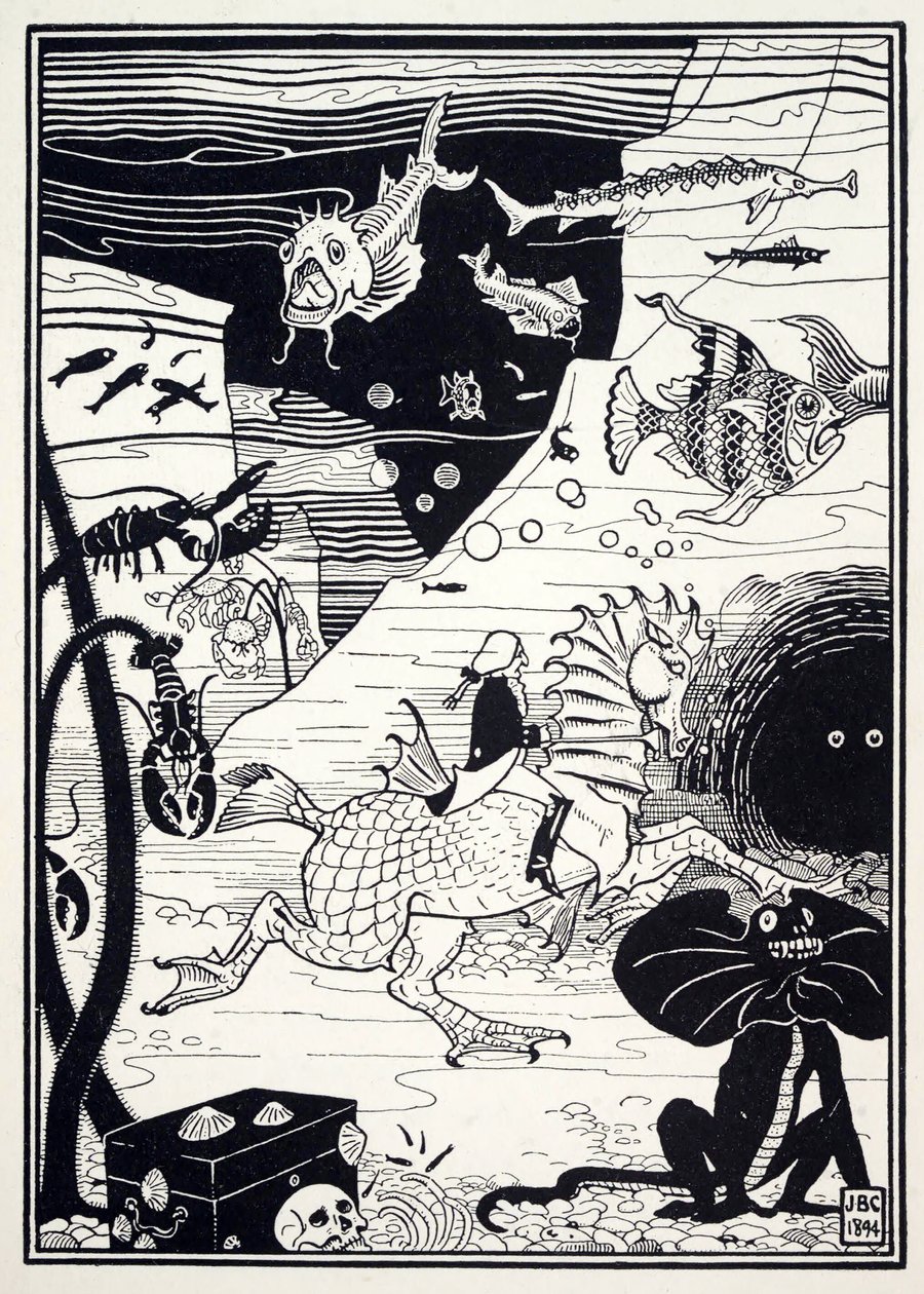 Była tam wielka różnorodność wysokich, szlachetnych drzew, wypełnionych morskimi owocami, takimi jak homary, kraby, ostrygi, z pubu The Surprising Adventures of Baron Munchausen. 1895 (grawerowanie) autorstwa Joseph Benwell Clark