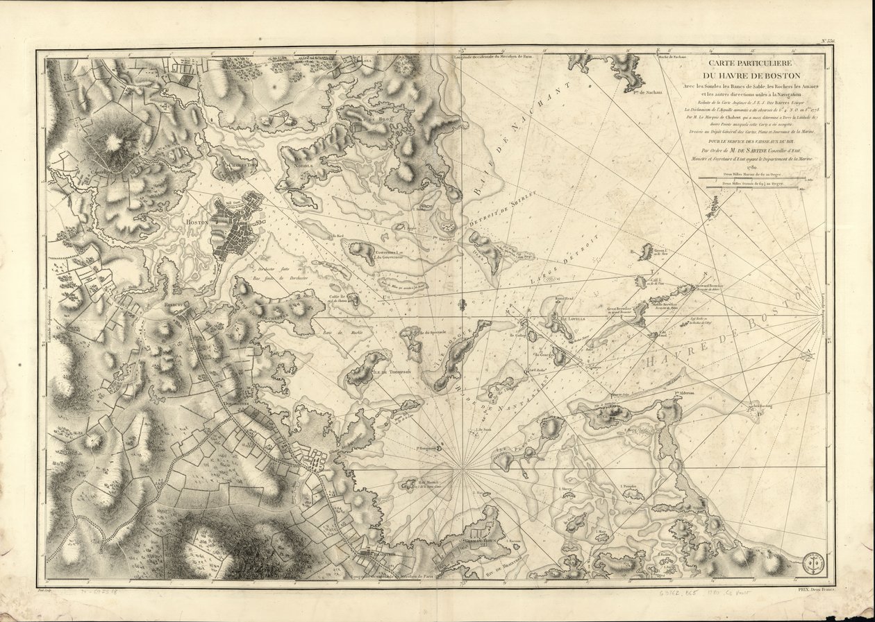 Szczegółowa mapa portu w Bostonie, pokazująca sondy, mielizny, skały, amaien i inne kierunki przydatne w nawigacji. autorstwa Joseph Bernard; Des Barres Chabert