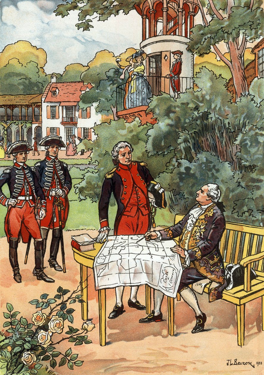 Francuski król Ludwik XVI i nawigator Jean Francois de Galaup, hrabia de Laperouse (1741-1788) w 1785, ilustracja JL Beuzon 1933 autorstwa Joseph Beuzon
