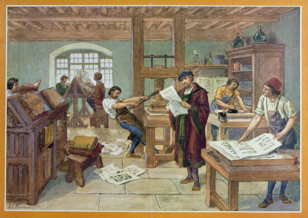 Wynalazek Gutenberga druku ruchomego, ilustracja z „Pierwszej księgi historii Francji” A. Aymarda, wyd. Hachette autorstwa Joseph Beuzon