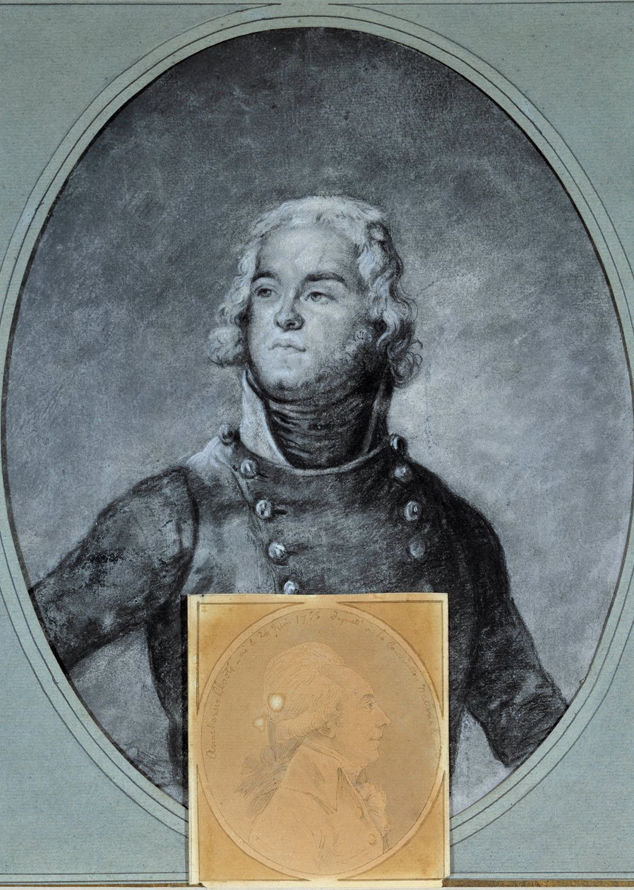 Portret generała Louisa Lazare Hoche (1768-1797) Poniżej portret Anarchasis Cloots (1755-1794), zastępcy na Zjeździe Krajowym. Rysunek Josepha Boze (1744/1745-1826) XVIII wiek. Wersal, muzeum Lambinet autorstwa Joseph Boze