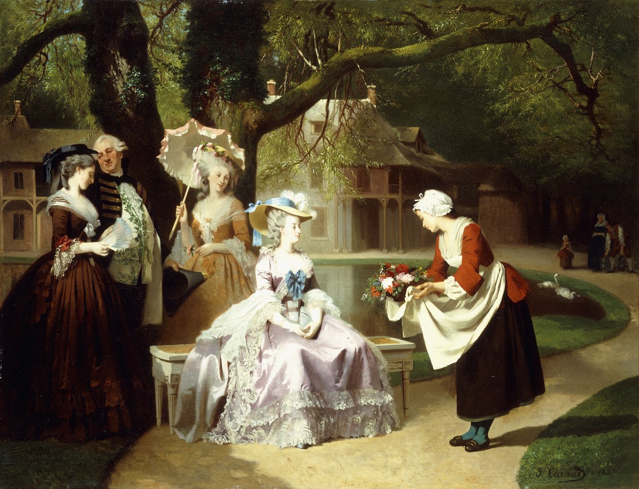 Maria Antonina i Ludwik XVI w Ogrodzie Tuileries z Madame Lambale, 1857 autorstwa Joseph Caraud