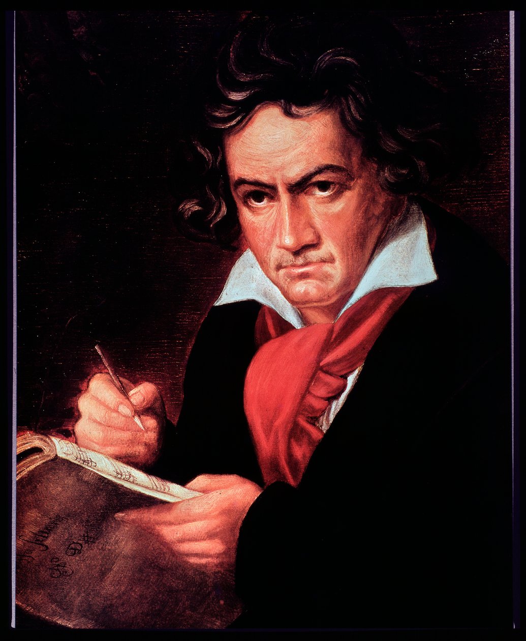 Portret niemieckiego kompozytora Ludwiga van Beethovena piszącego Missa solemnis. (obraz autorstwa Joseph Carl (after) Stieler