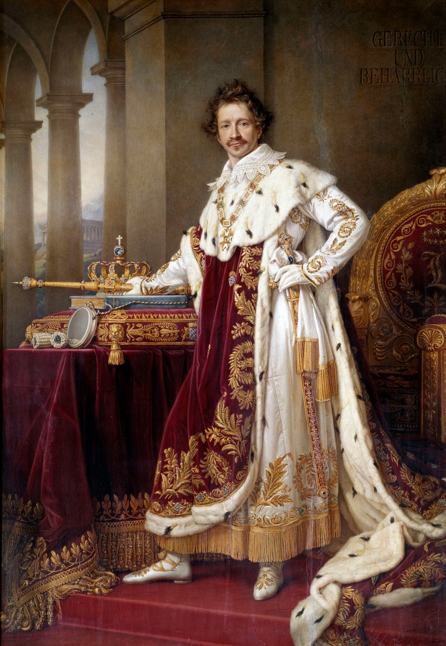 Portret en pied de Louis I de Baviere (1786-1868) en costume de corre Obraz Josepha Karla Stielera (1781-1858) (wł.) 1826 nd. 1,44x2,71 m Monachium. Neue Pinakothek - Portret Ludwika I Bawarskiego (1786-1868) w sukniach koronacyjnych. Malarstwo Jose autorstwa Joseph Carl Stieler