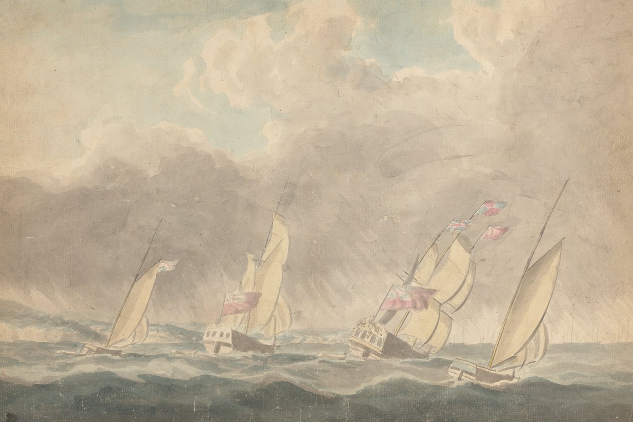 Duas Chalupas de Guerra, Uma Barca e Uma Escuna (?), Proa de Proa, em Mar Agitado; Várias embarcações à vela em Backgroundpolish autorstwa Joseph Cartwright