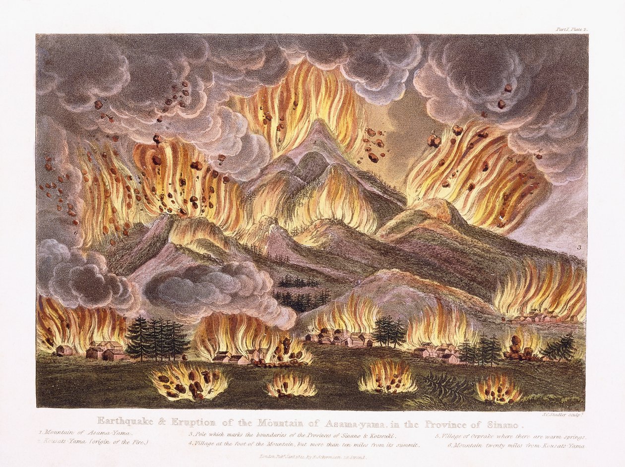 Trzęsienie ziemi i wybuch góry Asama-yama w prowincji Sinano, 1822 r autorstwa Joseph Constantine Stadler