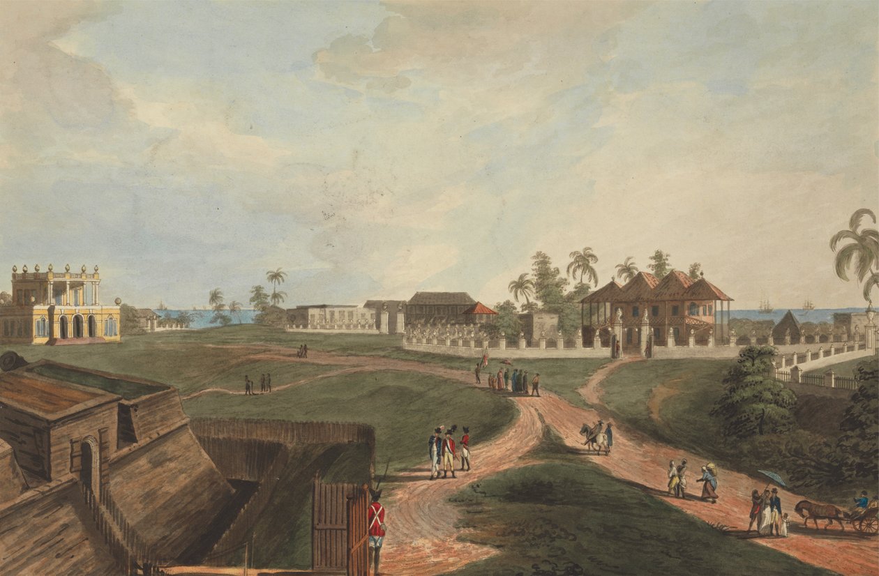 Dom rządowy i dom rady, Fort Marlborough, Benkulen, Sumatra, 1799 autorstwa Joseph Constantine Stadler