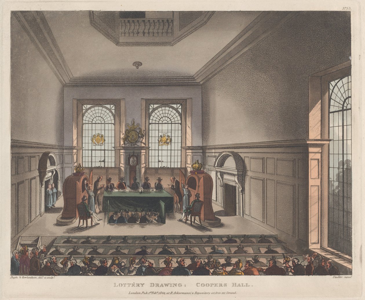 Loteria Drawing, Coopers Hall, 1 lutego 1809., 1 lutego 1809. autorstwa Joseph Constantine Stadler