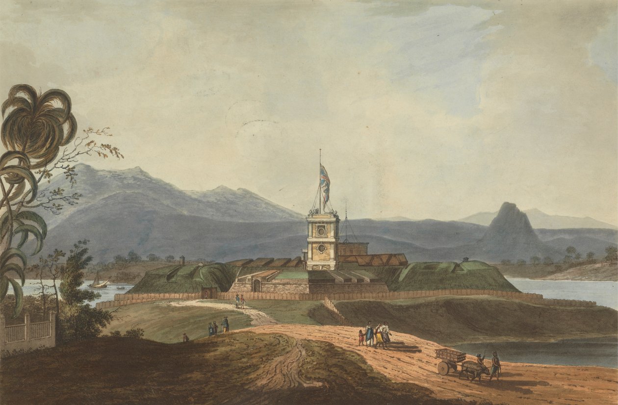 Południowo-wschodni widok na Fort Marlborough, Benkulen, Sumatra, 1799 autorstwa Joseph Constantine Stadler