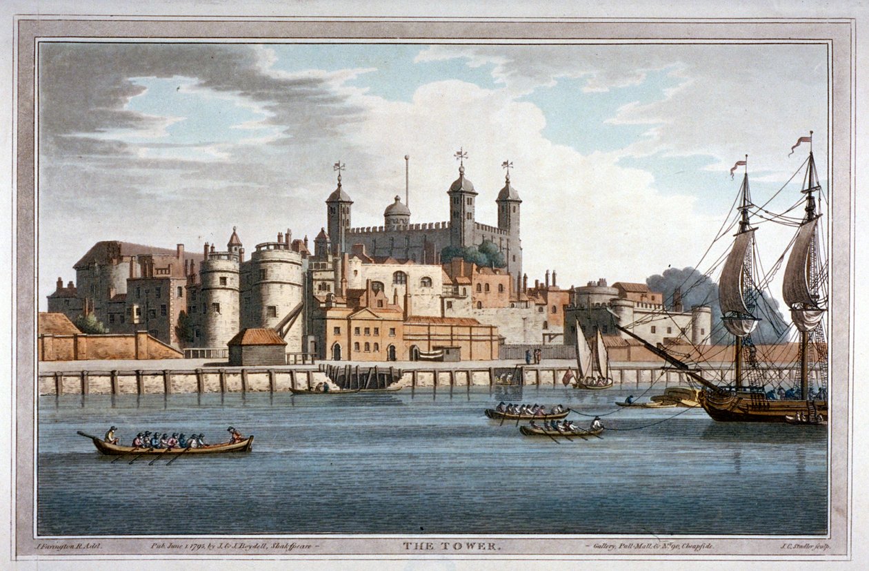 Widok południowy na Tower of London z łodziami na Tamizie, 1795 autorstwa Joseph Constantine Stadler