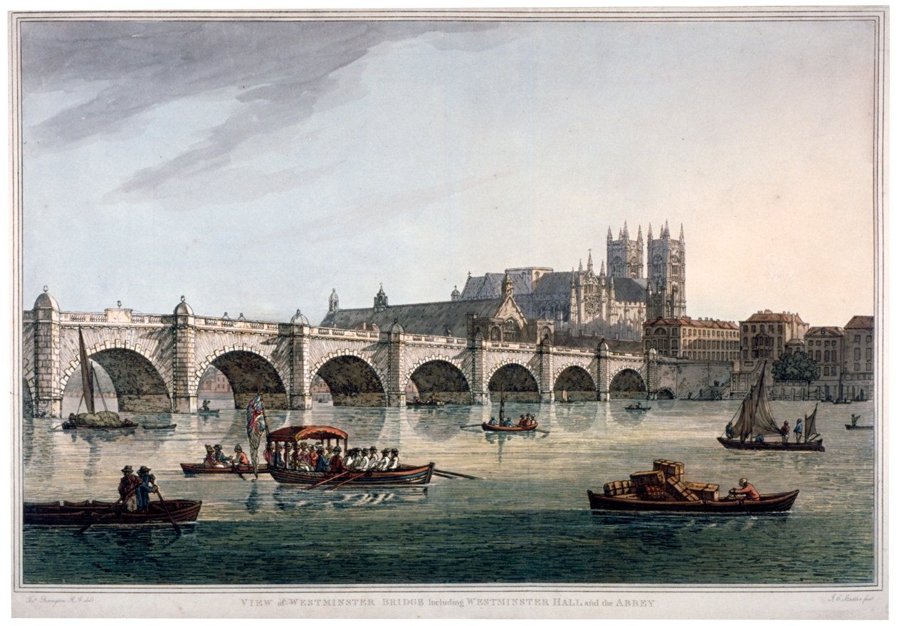 Westminster Bridge, Westminster Abbey i Westminster Hall, Londyn, 1789. autorstwa Joseph Constantine Stadler