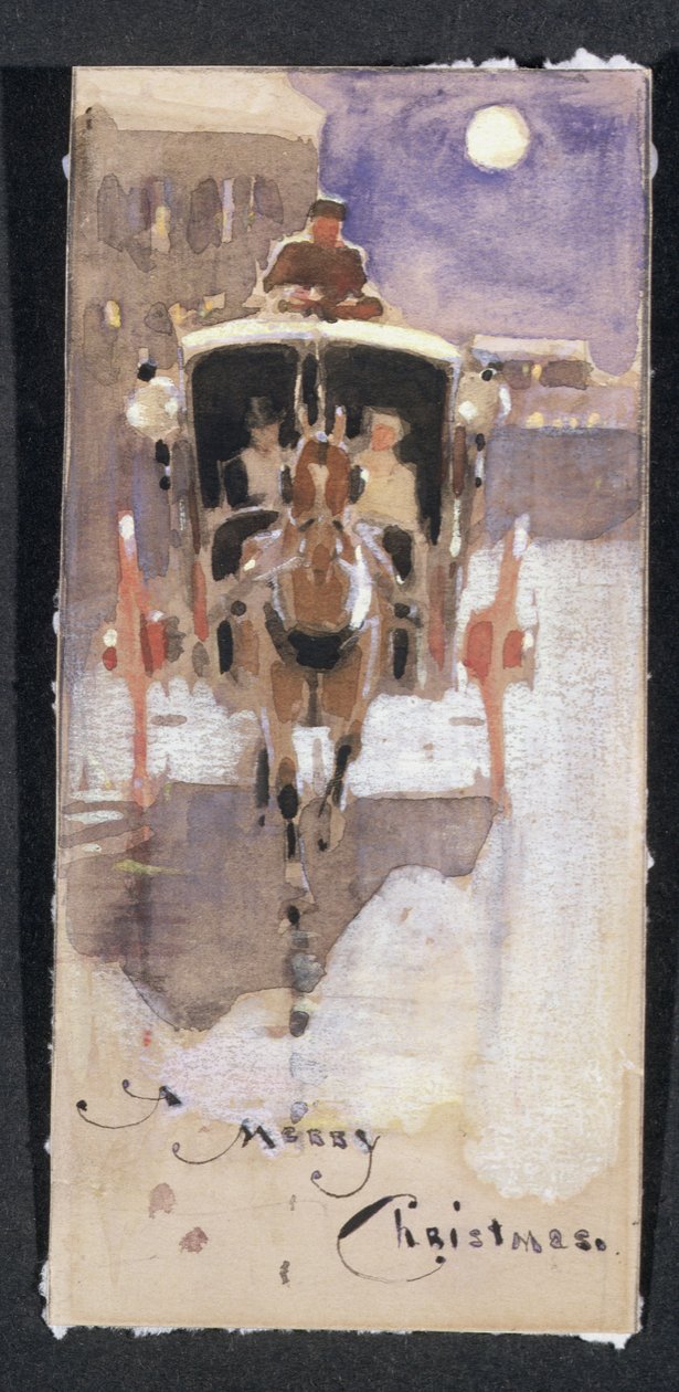 Kartka Świąteczna z Kabiną Hansom (wc podwyższona białą kredą na papierze) autorstwa Joseph Crawhall