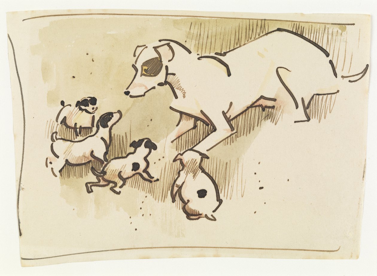 Fox Terrier i Szczenięta (długopis i pranie na papierze) autorstwa Joseph Crawhall