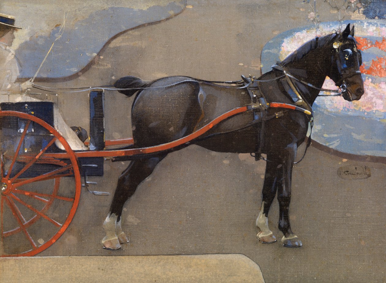 Koń i wóz z Panią (akwarela i gwasz na płótnie) autorstwa Joseph Crawhall