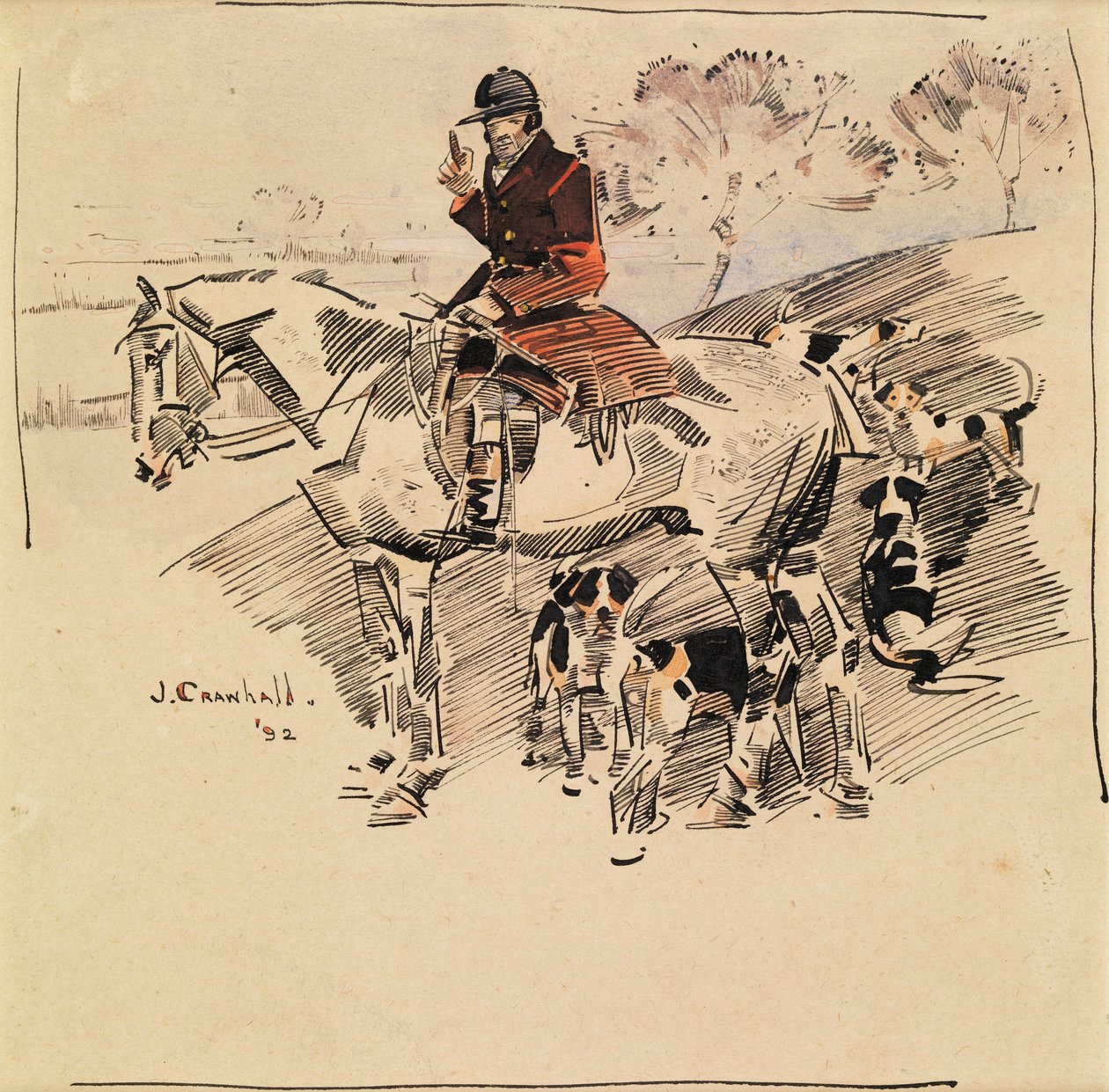 Myśliwy na koniu i Foxhoundach autorstwa Joseph Crawhall
