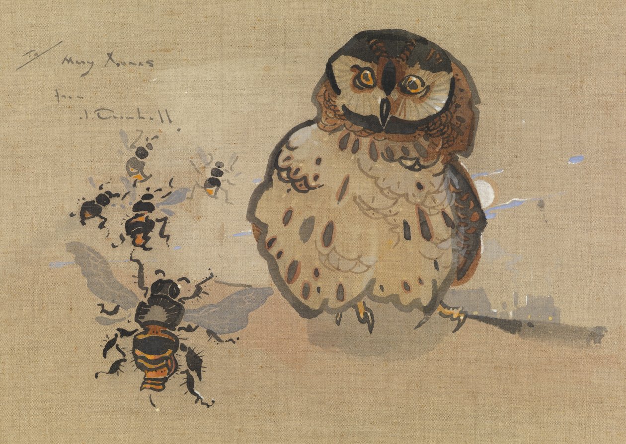 Sowa i pszczółki (gwasz na lnie) autorstwa Joseph Crawhall