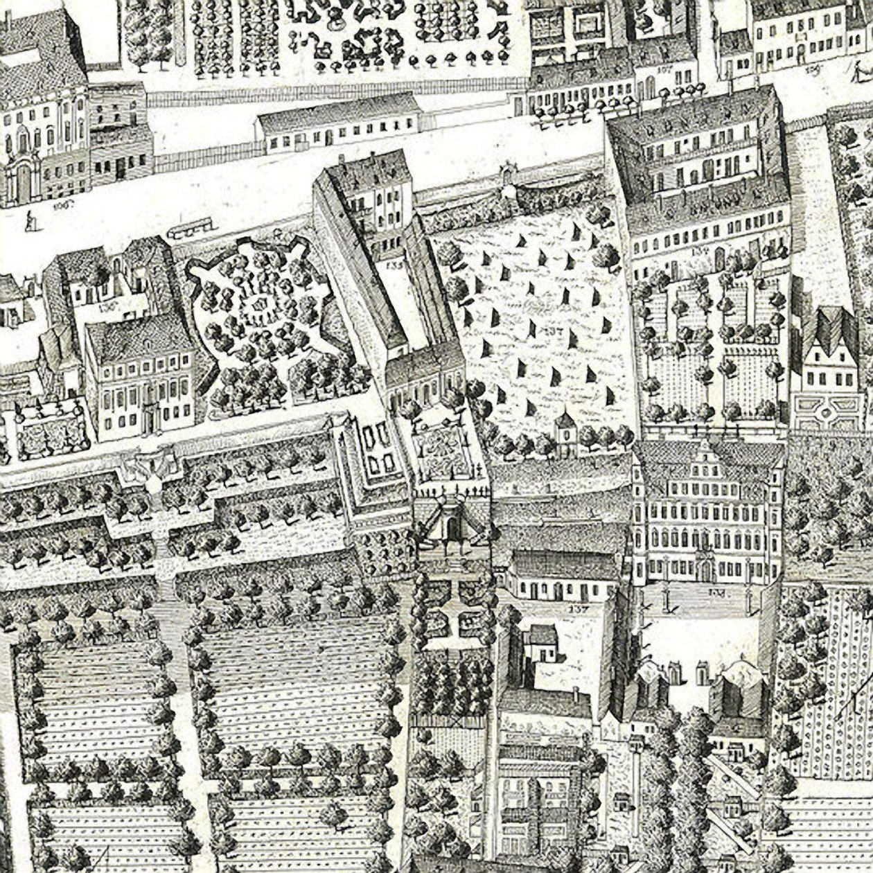 Fragment mapy Wiednia przedstawiającej 135 Alsergrund, gdzie Mozart i jego rodzina mieszkali w 1788 roku (akwaforta i grawerowanie) autorstwa Joseph Daniel Huber