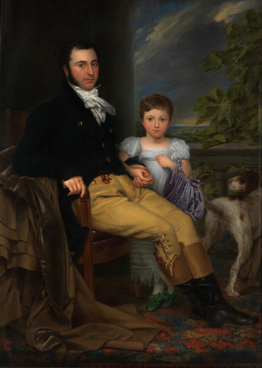 Portret wybitnego dżentelmena z córką i psem myśliwskim (olej na płótnie) autorstwa Joseph Denis Odevaere