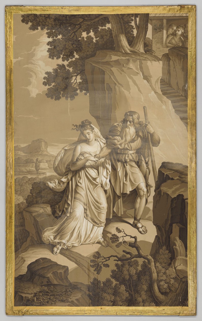 Tapeta, panel, przedstawiający Les Amours de Psyche: Psyche na skalnych schodach, w odcieniach grisaille autorstwa Joseph Dufour