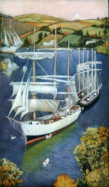 Brigs na ujściu rzeki Fowey, ok. 1929 (olej na panelu) autorstwa Joseph Edward Southall