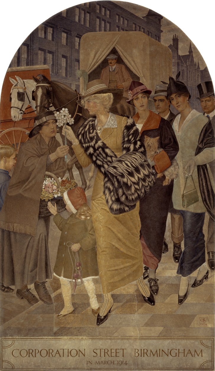 Corporation Street, Birmingham w marcu 1914 r. autorstwa Joseph Edward Southall